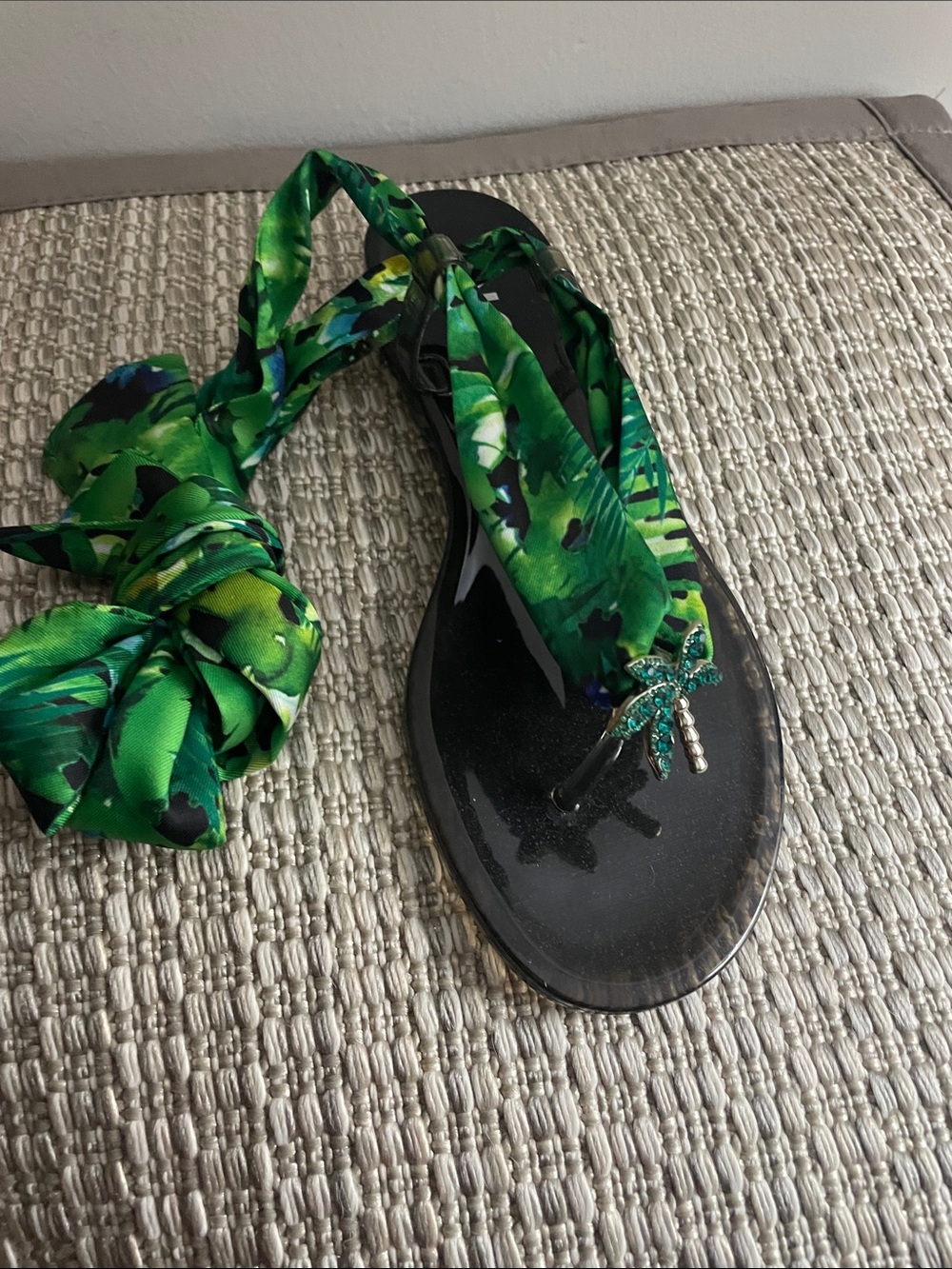 INC International Concepts Green Tropical Wrap Sandal with Jeweled Dragonfly